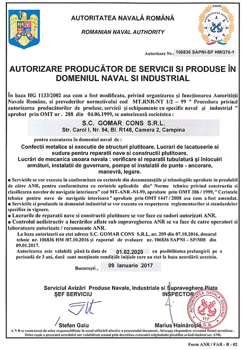 Autorizare producator servicii si produse in domeniul naval si industrial